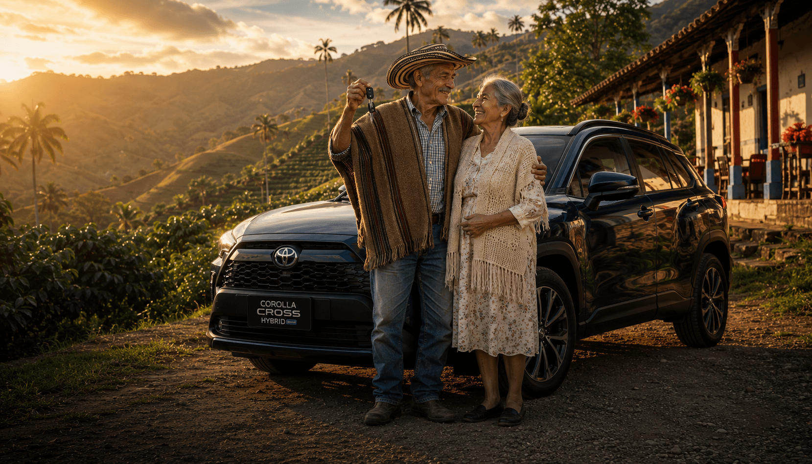 Pareja cafetera con Toyota Corolla Cross Hybrid