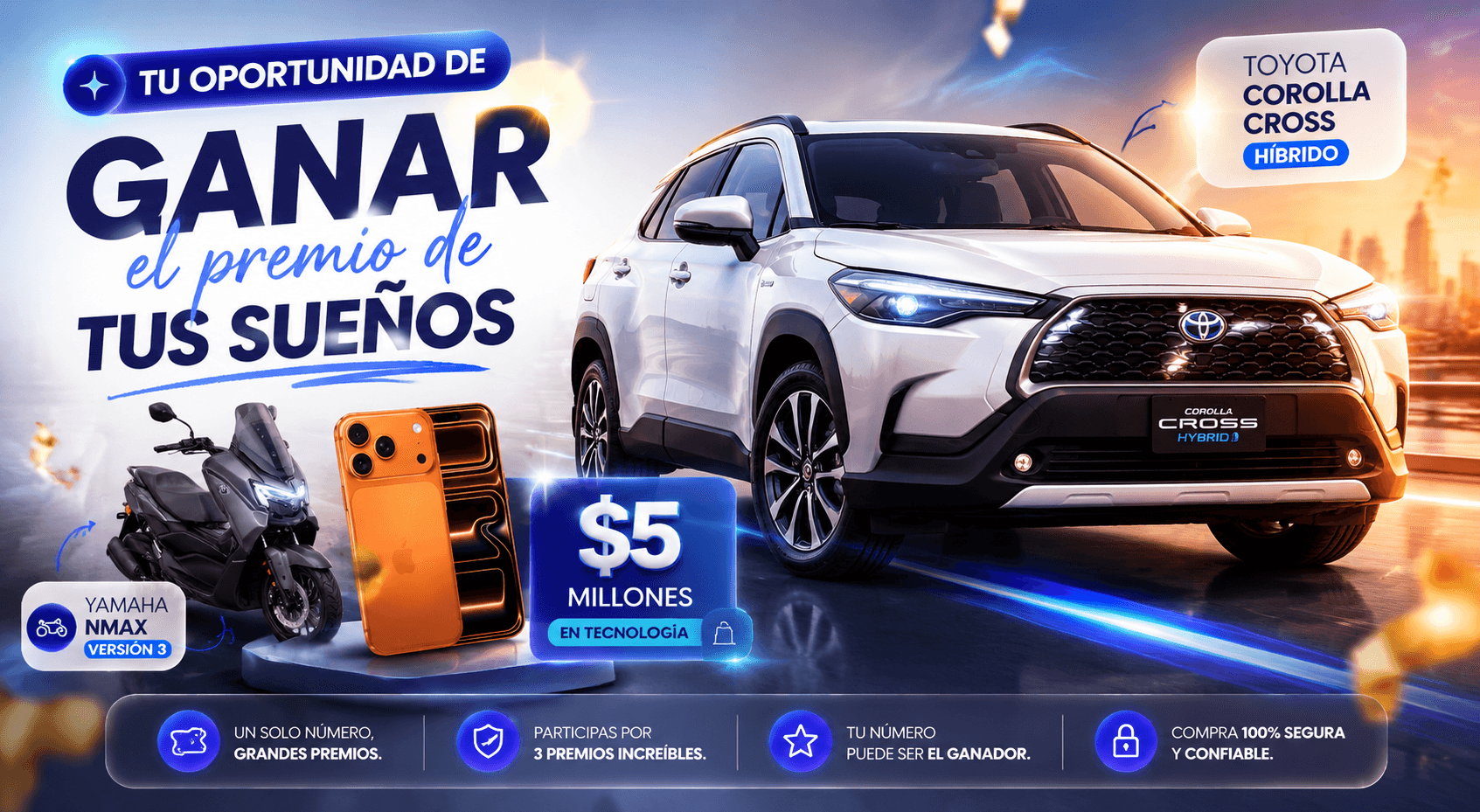 Gana el premio de tus sueños — Toyota Corolla Cross, Yamaha NMax y $5M en tecnología